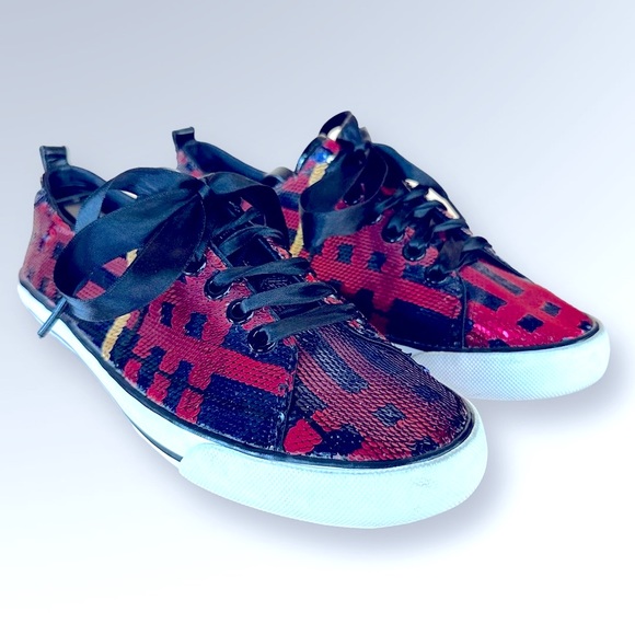 COACH WOMENS PLAID SHOES SNEAKERS WILLA TARTAN SEQUINS SZ 8.5 - Picture 1 of 14